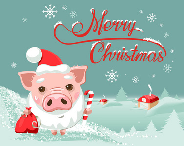 圣诞快乐明信片与猪圣诞老人帽子2019年符号矢量插图