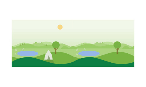 美丽的夏天风景与绿色草甸池塘和帐篷向量例证