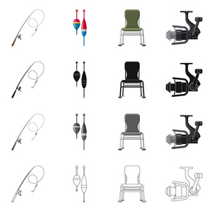 鱼和渔标志的载体设计。收集鱼和设备矢量图标股票