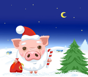 圣诞明信片，猪戴圣诞帽，2019年象征，矢量插图