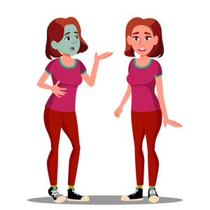 生病的少女与绿色的脸, 之前和之后的向量。孤立的动画片例证