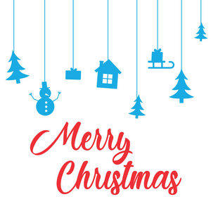 带着圣诞快乐和新年快乐的假期。贺卡与文字快乐圣诞在白色背景与树, 房子, 雪人和礼物