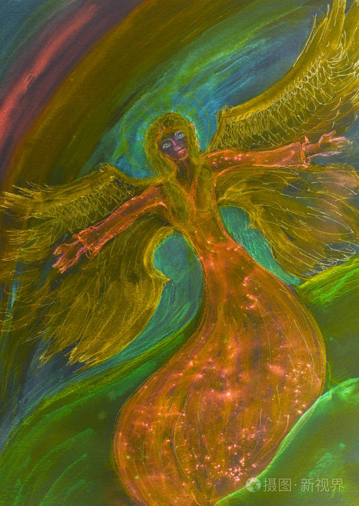 迷幻飞翔的女性天使由于纸张表面粗糙度的改变边缘附近的浸涂技术产生