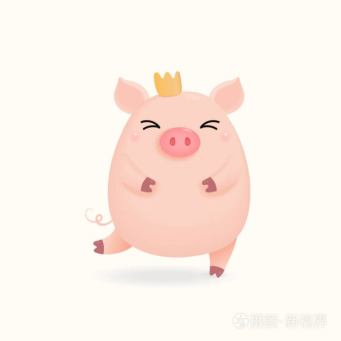 手绘矢量插图一只可爱的小猪在皇冠上分离在白色背景上.