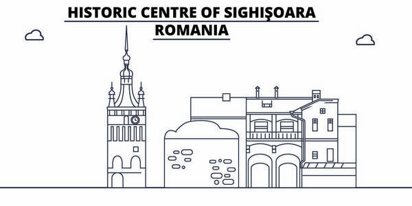 罗马尼亚西吉索阿拉旅行著名的地标性天际线, 全景, 矢量。罗马尼亚西索瓦拉线