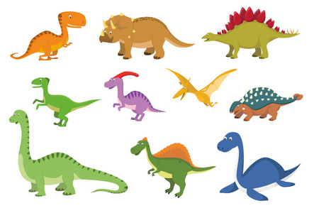 一套10只可爱的恐龙卡通风格矢量插图
