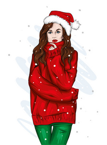 穿着温暖毛衣和圣诞帽的漂亮女孩。 贺卡或衣服上海报打印的矢量插图。 冬天的新年和圣诞节。 圣诞树。