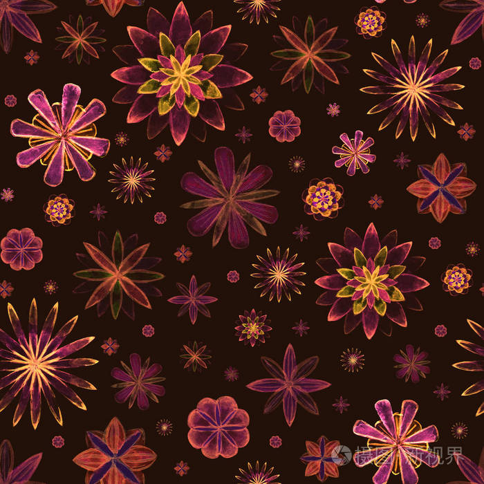 无缝水彩浪漫曼陀罗抽象花彩色花纹棕色背景. 明亮的水彩插图.