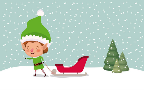 可爱的圣诞老人助手与雪橇