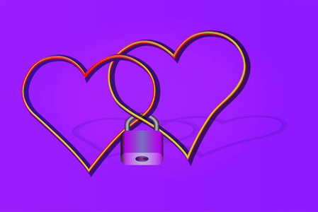 两颗心与交叉轮廓在一个铰链锁上的紫罗兰梯度背景。