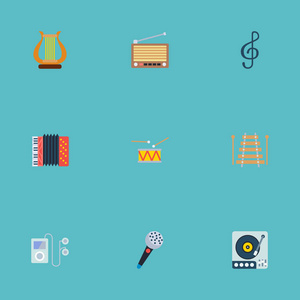 一套音乐图标平面样式符号与留声机, 木琴, 音频设备和其他图标为您的网络移动应用程序徽标设计