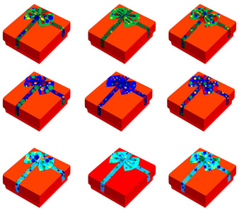 一套九个不同颜色的礼盒，白色背景上的插图