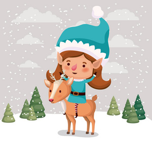 可爱的女孩圣诞老人助手驯鹿在雪景