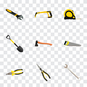 一套工具逼真的符号与斧头, 测量磁带, 钢锯和其他图标为您的网络移动应用程序徽标设计