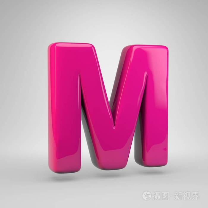 塑料粉红色字母m大写3d渲染光泽字体隔离白色背景