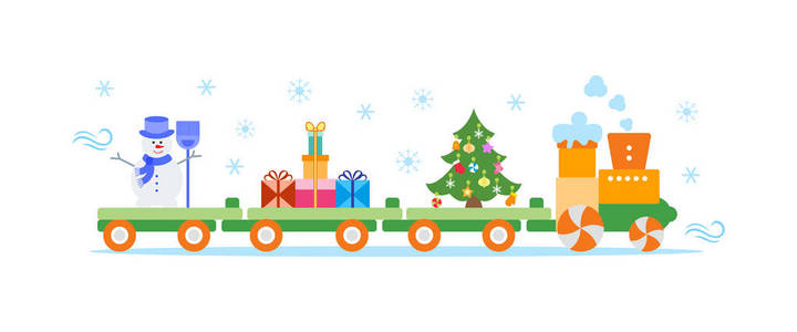有趣的矢量插图与圣诞火车携带圣诞树雪人与扫帚礼物。 新年快乐2019年圣诞卡。