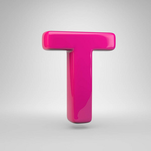 塑料粉红色字母t大写。 3D渲染光泽字体隔离白色背景