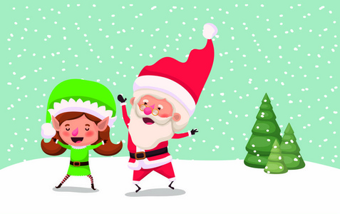 可爱的圣诞老人和女孩的帮手在雪景