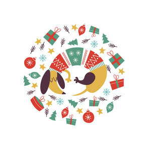 可爱的狗在一件明亮的针织毛衣里繁殖达克顺德。 圣诞作文。 狗和圣诞玩具礼物明星。 这篇作文是以圆圈的形式写的。 这将是很好的T恤