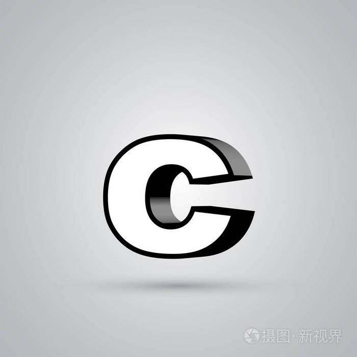 白色3d矢量字母c小写,黑色边框.