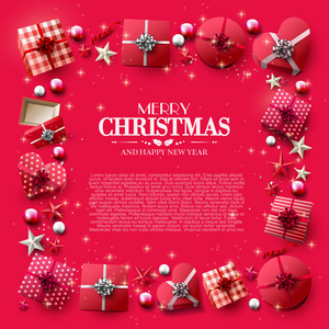 豪华圣诞模板与红色和粉红色礼品盒明星和鲍布。