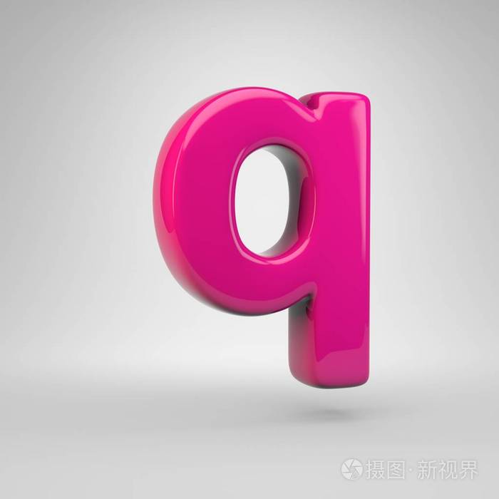 塑料粉红色字母Q小写。 3D渲染光泽字体隔离白色背景