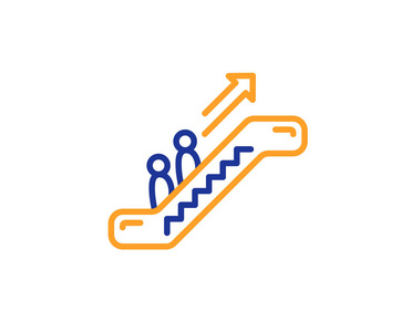 自动扶梯线路图标。 电梯标志。 购物楼梯符号。 五颜六色的轮廓概念。 蓝色和橙色细线颜色图标。 自动扶梯