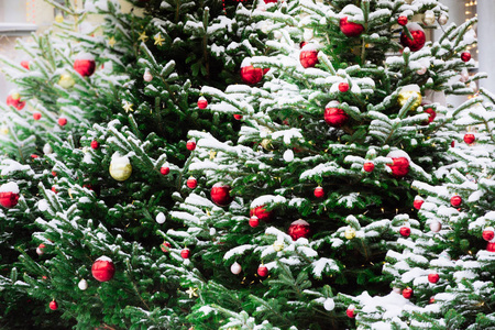 装饰圣诞树与球花环在集市上。 户外。 圣诞卡和图案。 快关门。 冬天。