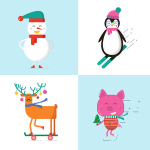 带有可爱角色的圣诞贺卡猪企鹅鹿和雪人