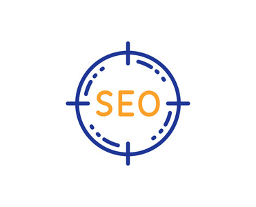 SEO目标线图标。 搜索引擎优化标志。 目标符号。 五颜六色的轮廓概念。 蓝色和橙色细线颜色SEO图标。 向量