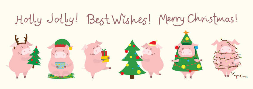 带圣诞礼物和有趣的手绘圣诞问候语的黄猪矢量插图卡片