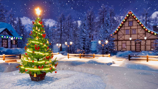 户外圣诞树装饰由发光的星星和灯光花环与离焦的高山山村背景在降雪的冬季夜晚。 节日3D插图从我的3D渲染文件。