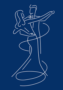 舞厅舞蹈夫妇线艺术风格化。风格化的插图舞蹈夫妇在深蓝色背景。 矢量可用。
