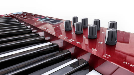 白色背景上的红色合成器MIDI键盘。 合成键关闭。 3D渲染