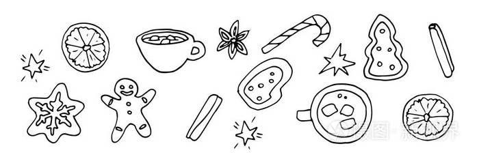 黑白轮廓卡通卡通一套冬季食品和糕点.
