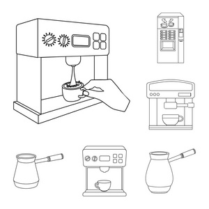 咖啡和机器徽标的矢量插图。收集咖啡和厨房矢量图标的股票
