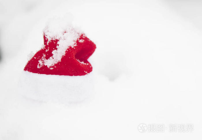 圣诞背景与霜冻松树与红色圣诞帽