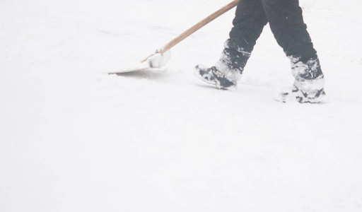 冬季和清洁概念特写男子铲雪从车道