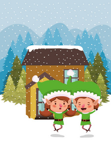 一对夫妇圣诞老人助手在雪景