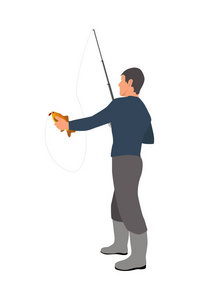 渔民与钓鱼竿和捕捉插图图片