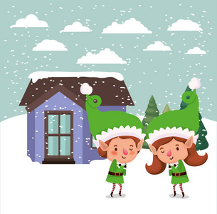 雪景矢量图设计中的圣诞老人助手夫妇