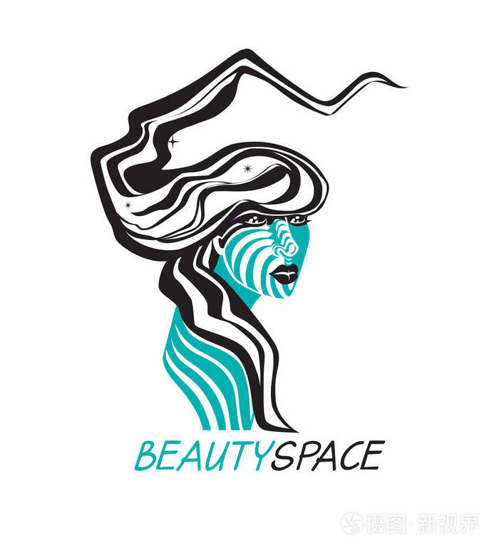 美容空间标志设计，以素描风格的女性脸传单模板，矢量插图