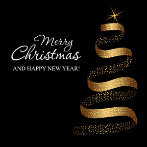圣诞节和新年背景与圣诞树由金色丝带与金色闪光。矢量图。