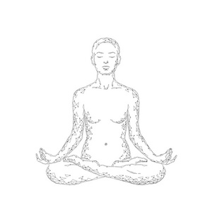 瑜伽练习妇女在莲花位置低聚剪影。多边形瑜伽放松运动健康班。白色灰色单色。佛教深奥昆达里尼能量向量例证