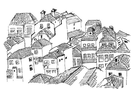 葡萄牙波尔图老屋瓦屋屋顶房屋景观素描