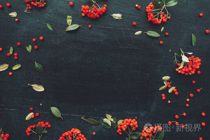 平躺野红浆果在黑暗的背景上，俯视头顶，夏季，复制空间背景，水果图案安排