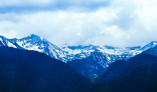 美丽的高山冰峰与雪夏时蓝天背景。