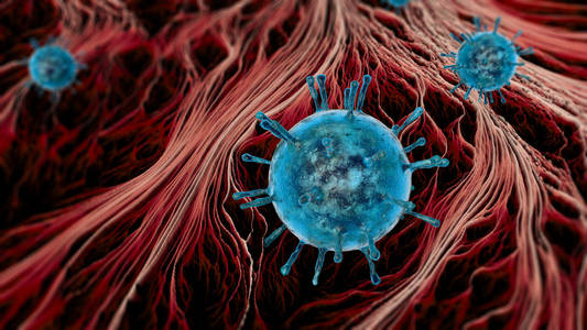 病毒,微生物,复制和繁殖.显微镜下细菌和微生物的形成.三维渲染.