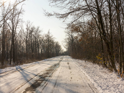 覆盖着雪的沥青路穿过覆盖着雪的森林。 冬天森林里的日落。 风景冬季森林，树木覆盖着雪。