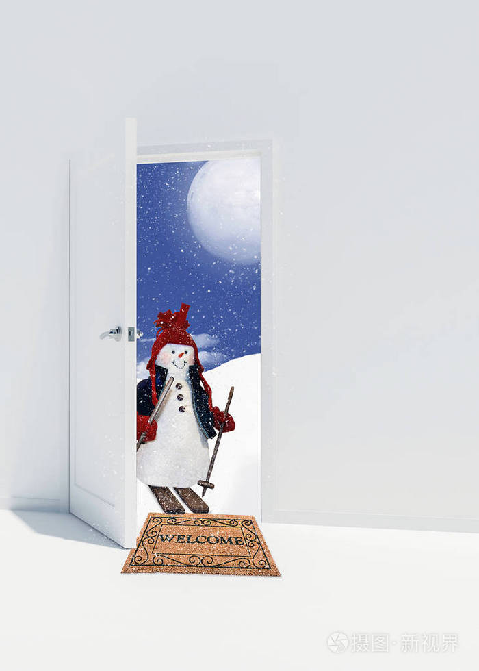 在敞开的门口滑雪的雪人，有棕色的欢迎垫和雪花